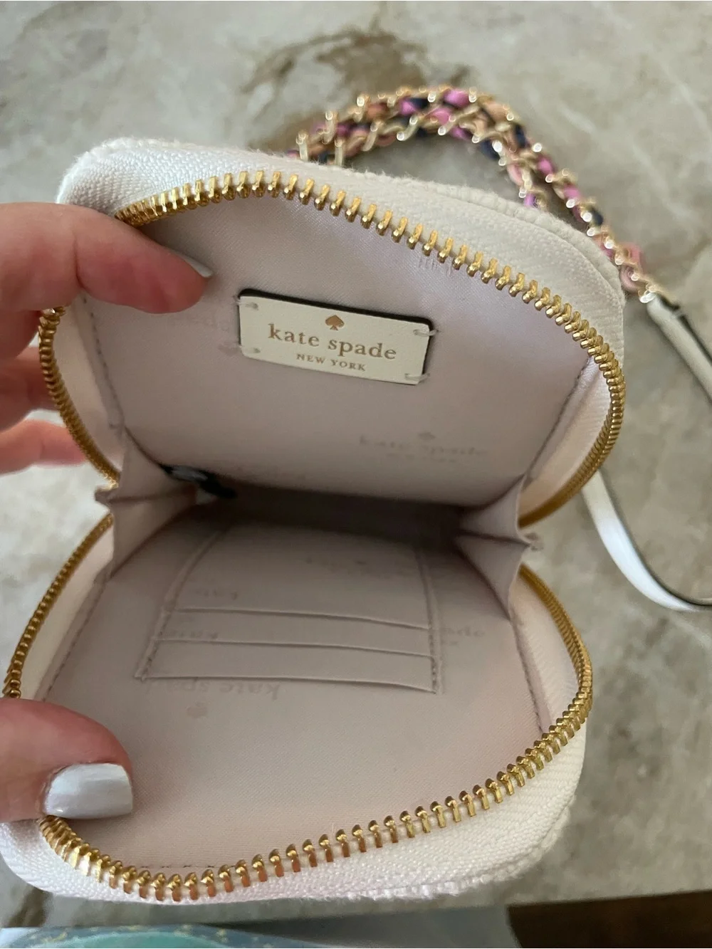 kate spade cream quilted mini crossbody with pink and black woven chain